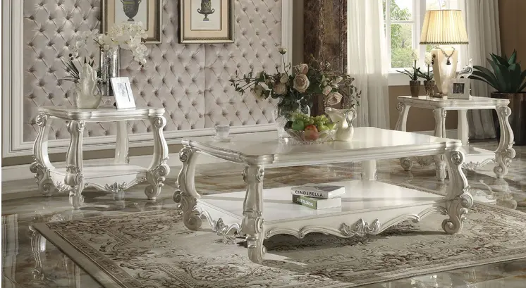 57" Antiqued White Wood Coffee Table With Shelf