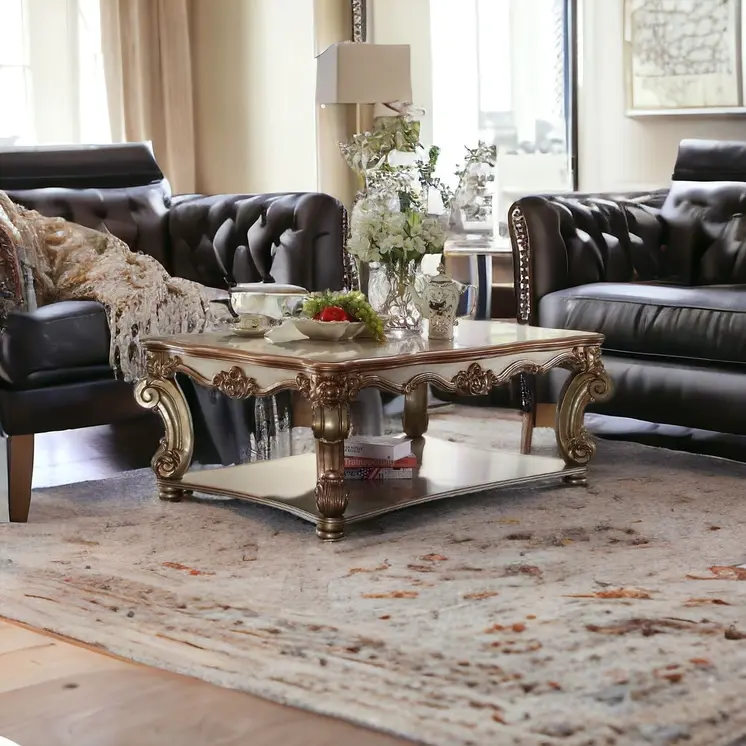 58" Gold Wood Floor Shelf Coffee Table With Shelf