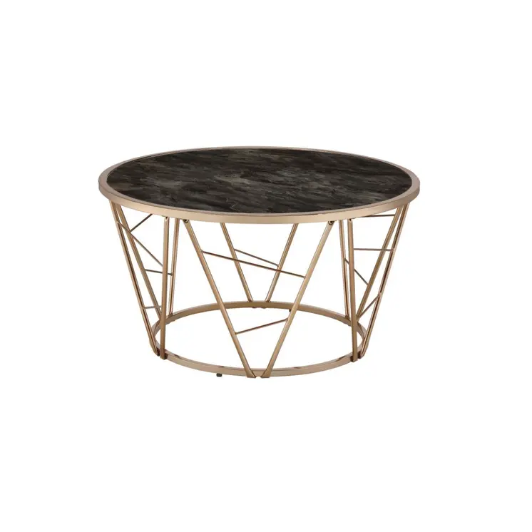 33" Black and Champagne Glass And Faux Marble And Metal Round Frame Coffee Table