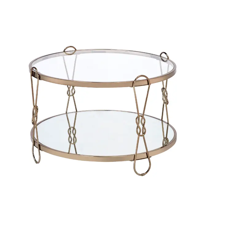 32" Silver and Champagne Mirrored Glass And Metal Round Frame Coffee Table With Shelf