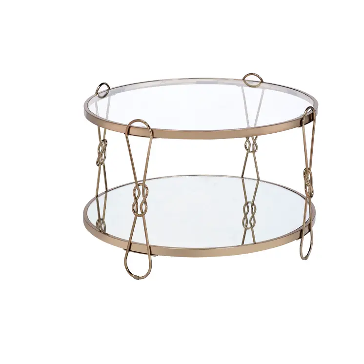 32" Silver and Champagne Mirrored Glass And Metal Round Frame Coffee Table With Shelf