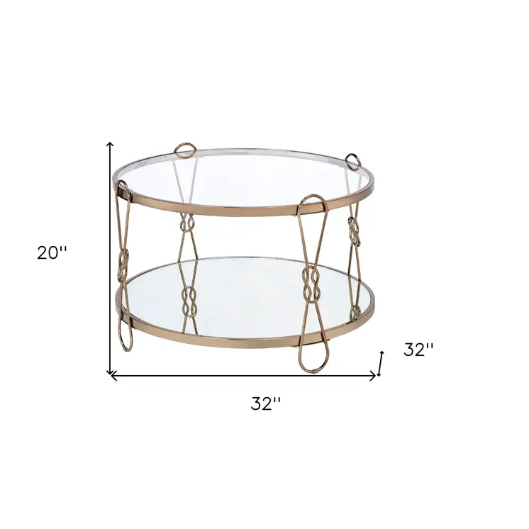 32" Silver and Champagne Mirrored Glass And Metal Round Frame Coffee Table With Shelf