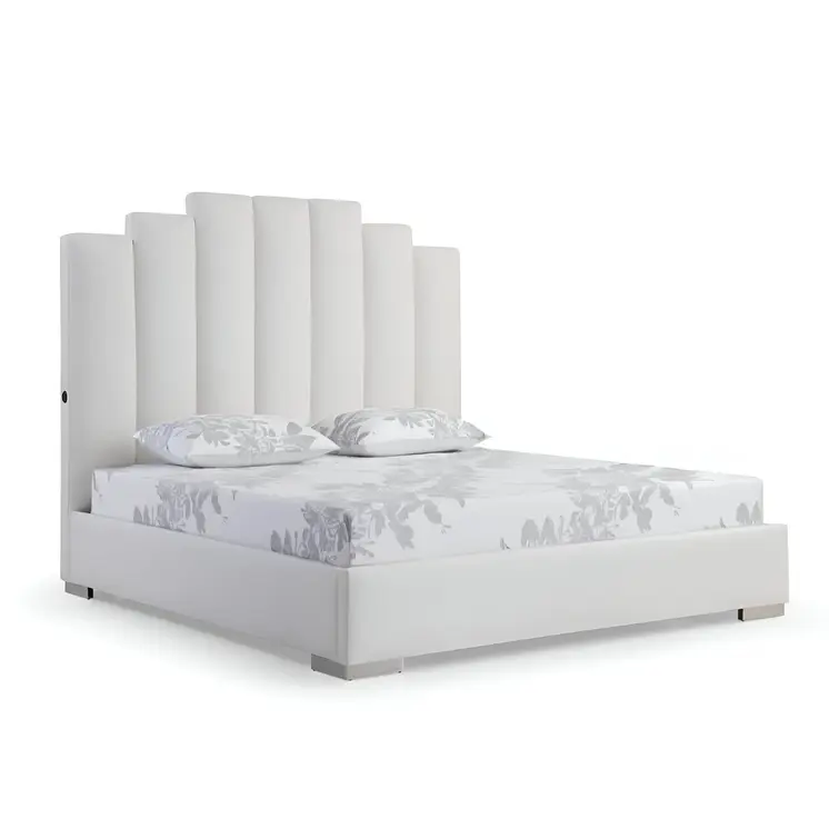 White Wood And Faux Leather Queen Bed Frame with USB