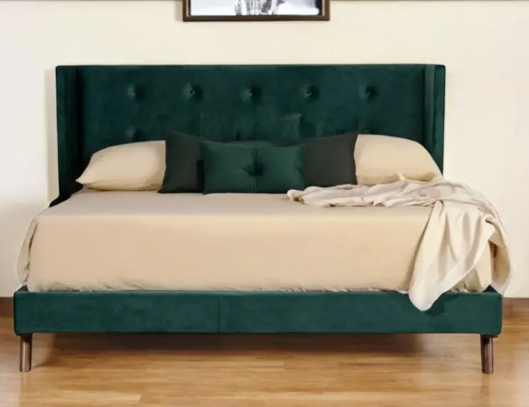 Green Wood And Tufted Velvet Queen Bed Frame