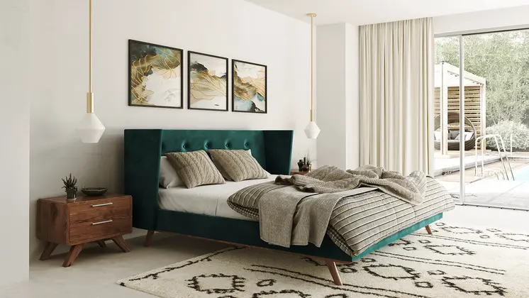 Green Wood And Tufted Velvet King Bed Frame
