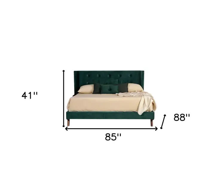 Green Wood And Tufted Velvet King Bed Frame