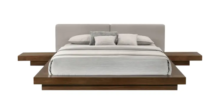 Gray and Walnut Wood And Faux Leather Queen Bed Frame With Attached Nightstands