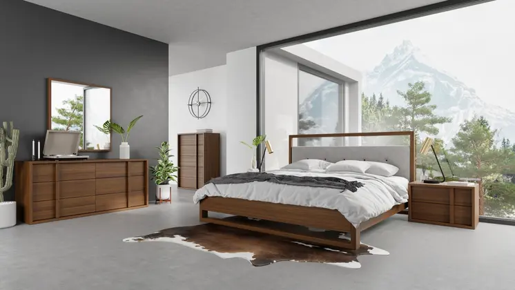 Brown and Gray Wood Tufted Upholstered King Bed Frame