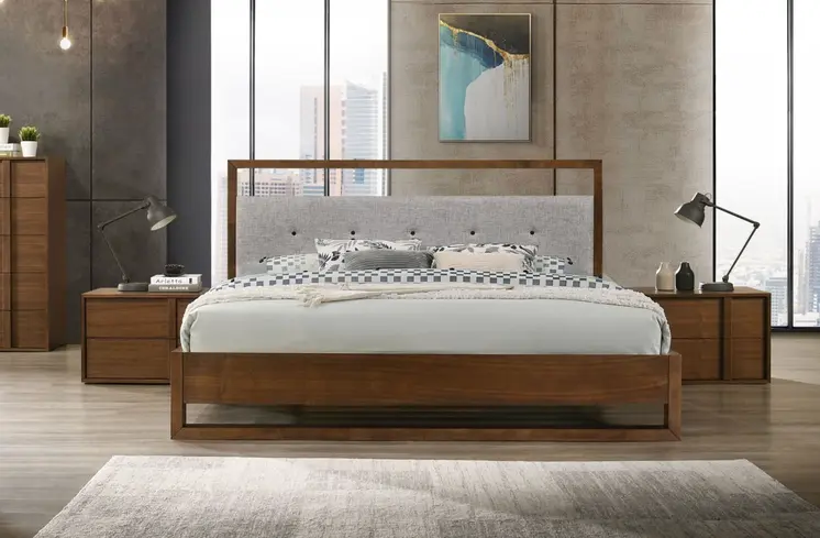 Brown and Gray Wood Tufted Upholstered California King Bed Frame
