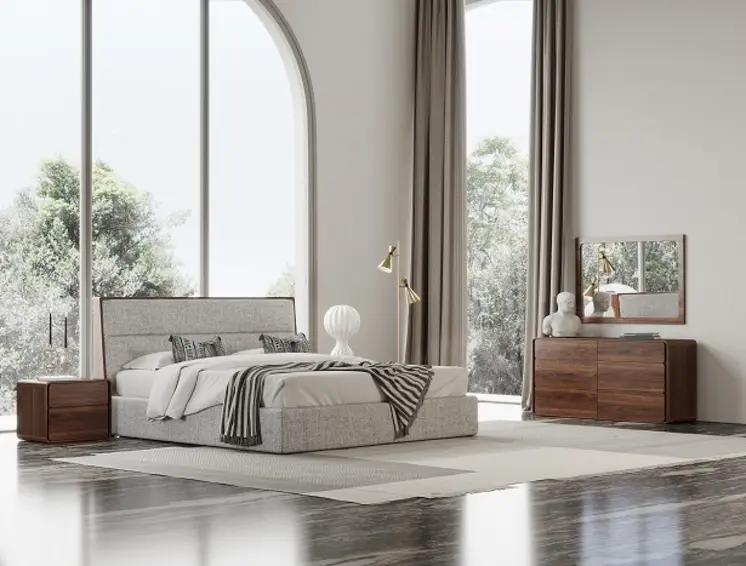 Brown and Gray Wood Upholstered Queen Bed Frame