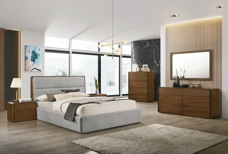 Brown and Gray Wood Upholstered Queen Bed Frame