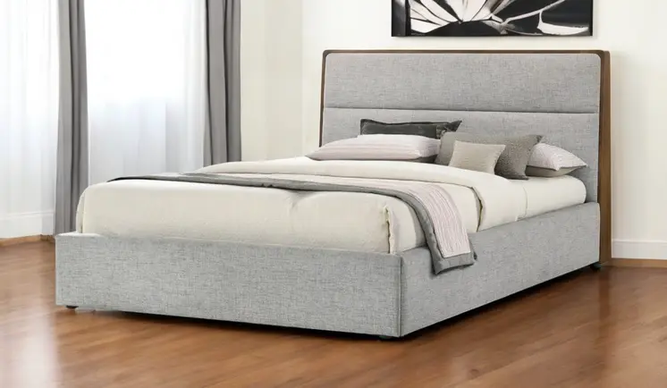 Brown and Gray Wood Upholstered Queen Bed Frame
