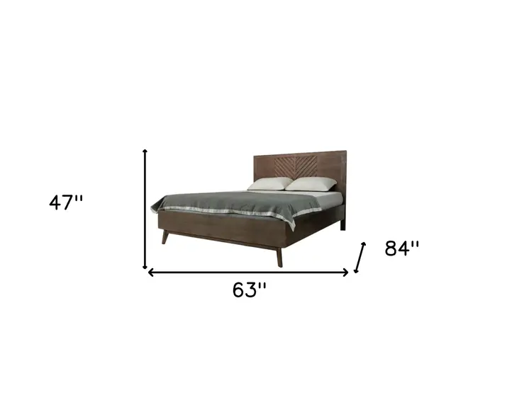 Brown Carved Geometric Solid Wood Queen Bed Frame