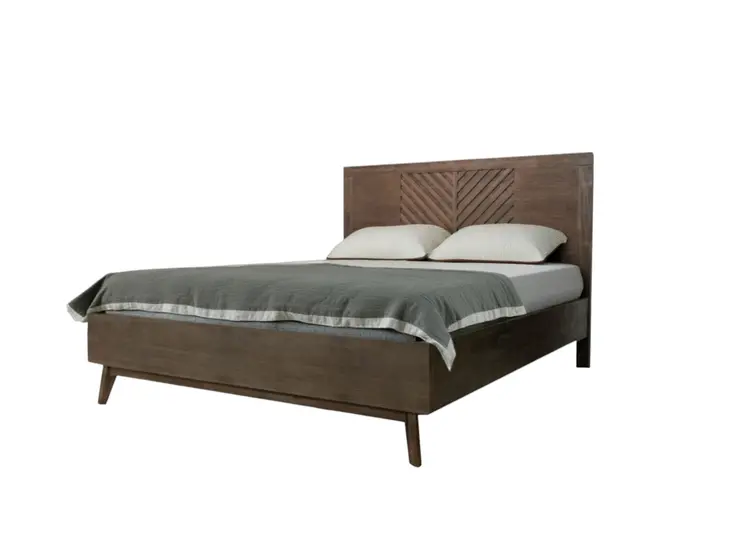 Brown Carved Geometric Solid Wood Queen Bed Frame