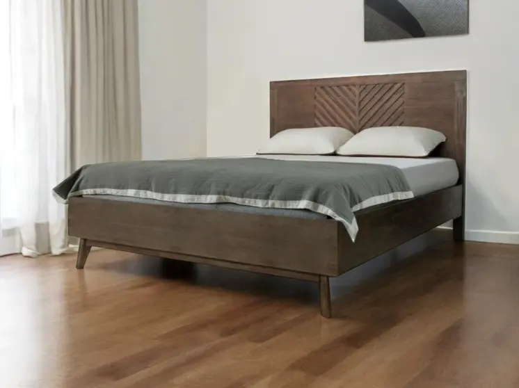 Brown Carved Geometric Solid Wood Queen Bed Frame