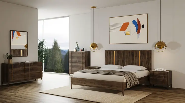 Brown and Gold Wood King Bed Frame
