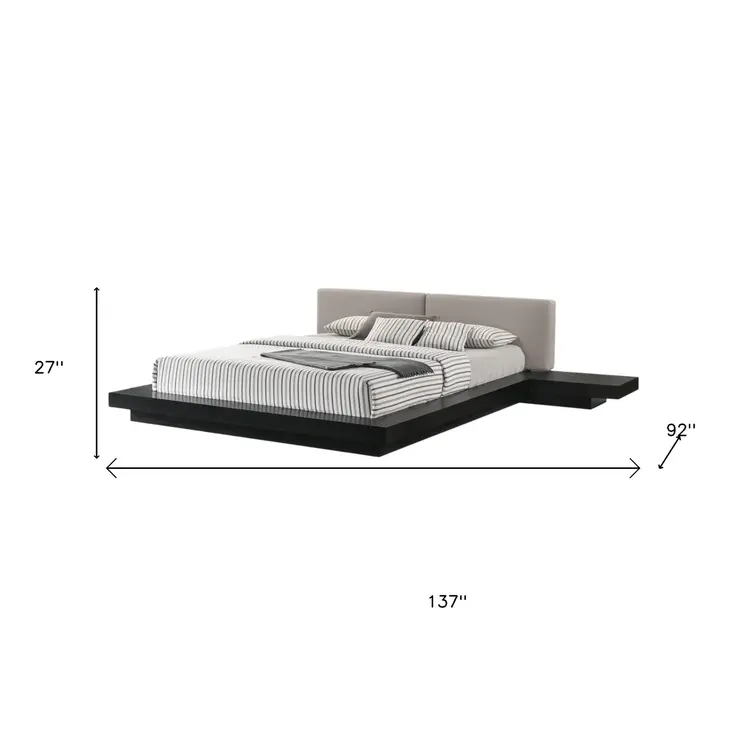 Black and Gray Wood And Faux Leather King Bed Frame With Attached Nightstands