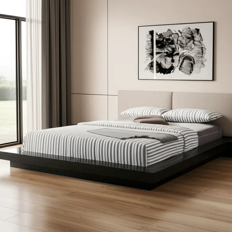 Black and Gray Wood And Faux Leather King Bed Frame With Attached Nightstands