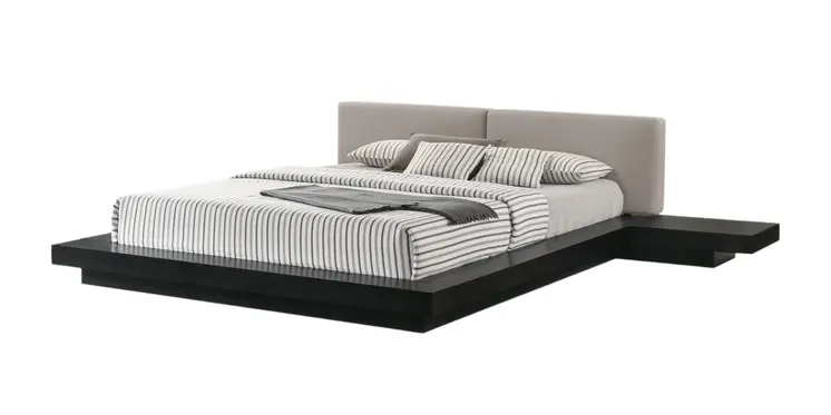 Black and Gray Wood And Faux Leather King Bed Frame With Attached Nightstands
