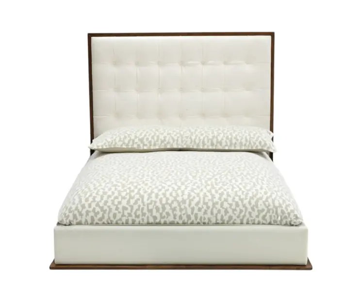 Brown and White Wood And Tufted Faux Leather Queen Bed Frame