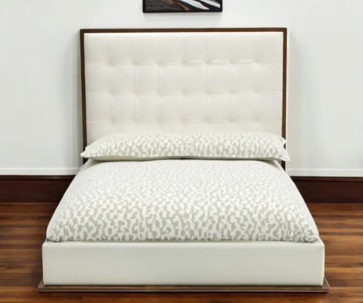 Brown and White Wood And Tufted Faux Leather Queen Bed Frame