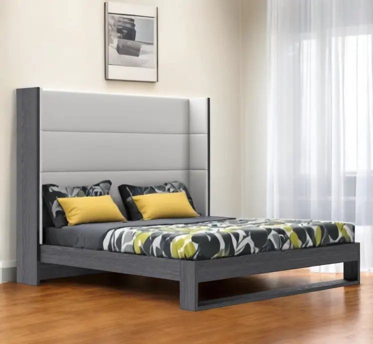 Gray and White Wood And Faux Leather King Bed Frame