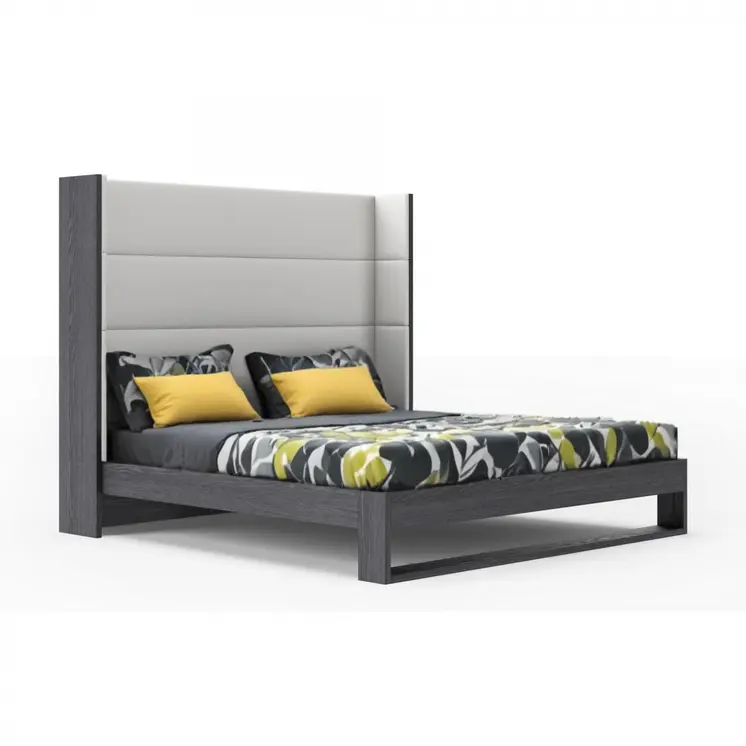 Gray and White Wood And Faux Leather King Bed Frame