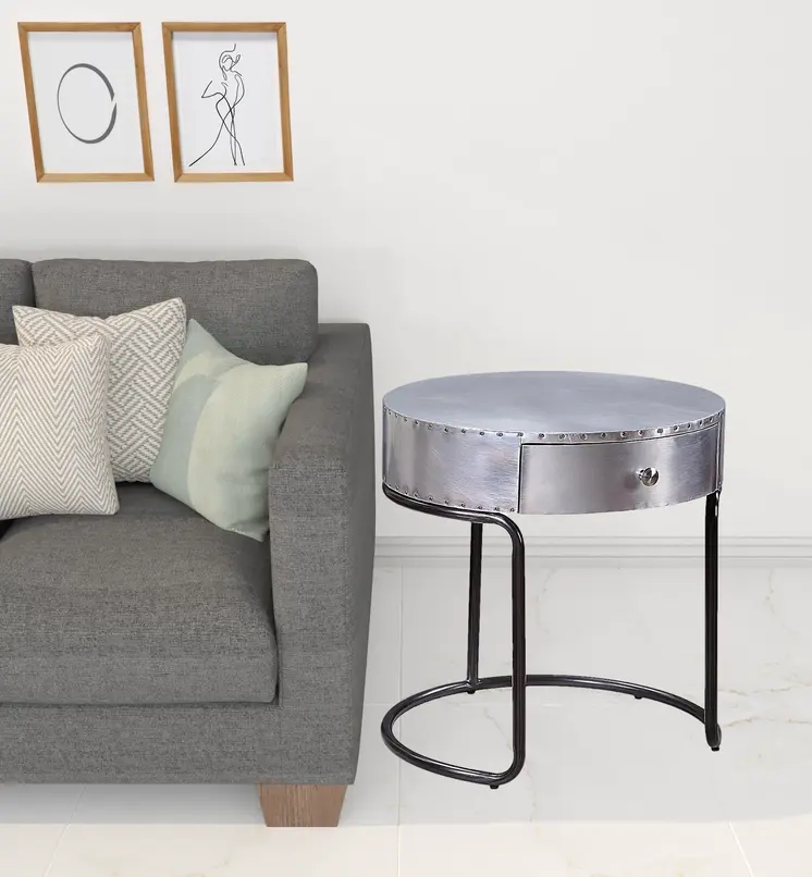 21" Aluminum And Manufactured Wood Round End Table With Drawer