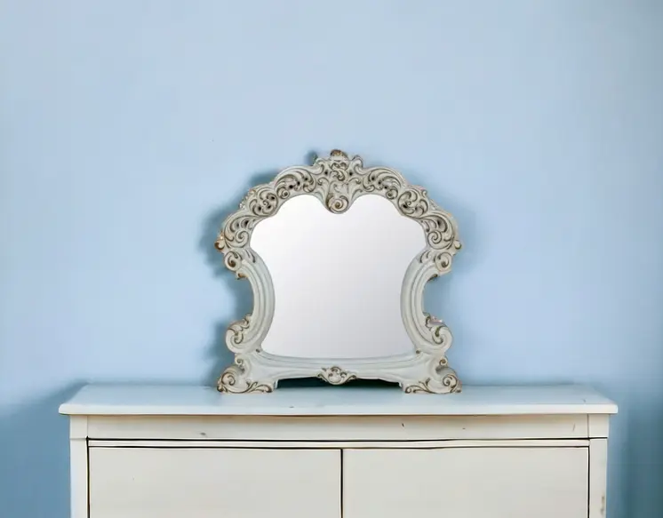 45" White Abstract Wood Framed Mounted Dresser Mirror