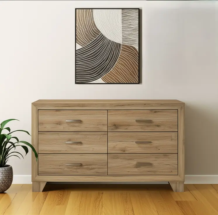 59" Natural Brown Manufactured Wood Six Drawer Double Dresser