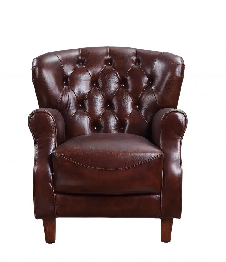30" Brown and Steel Blue Top Grain Leather Tufted Club Chair