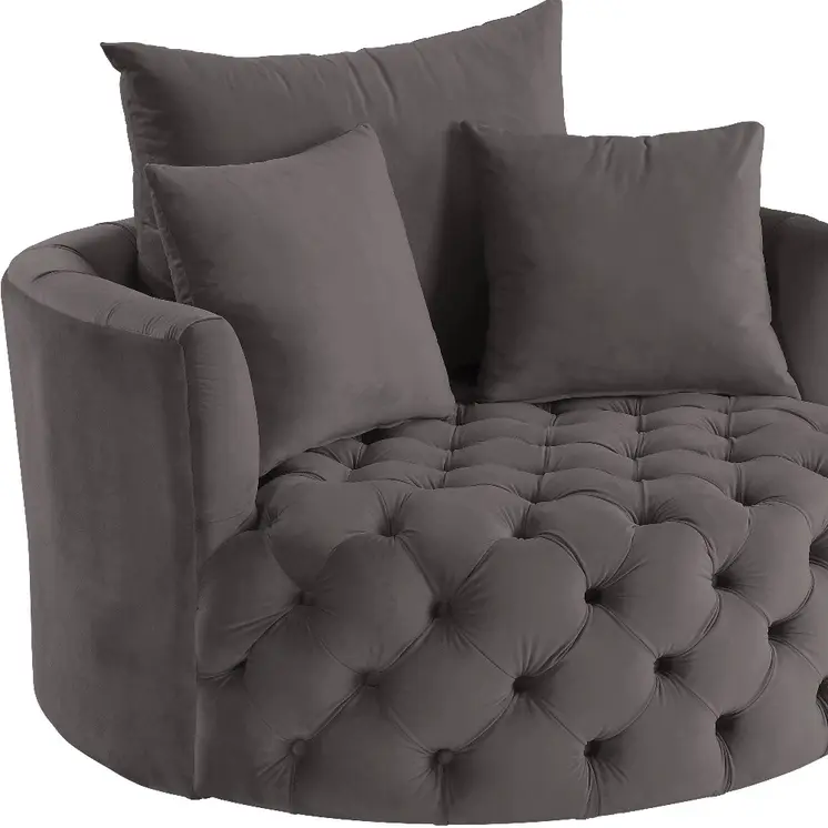 43" Gray Velvet Tufted Swivel Barrel Chair And Toss Pillows