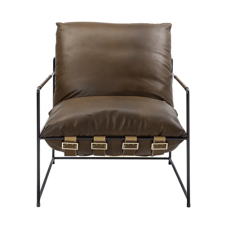 27" Brown and Steel Blue Top Grain Leather Lounge Chair