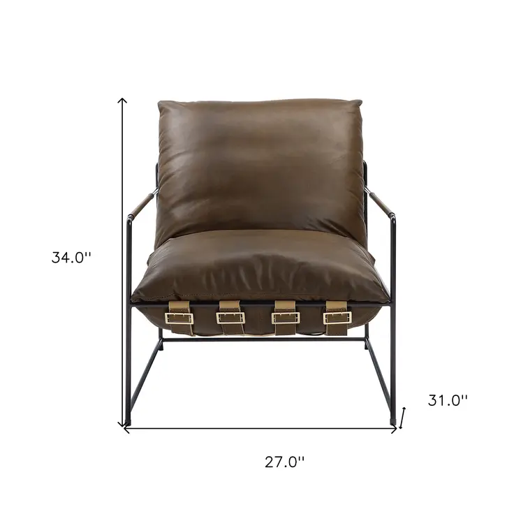 27" Brown and Steel Blue Top Grain Leather Lounge Chair