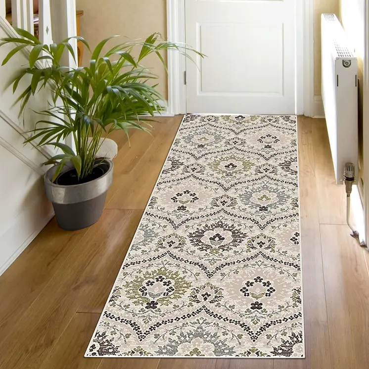 10' Black Ivory And Gray Floral Runner Rug