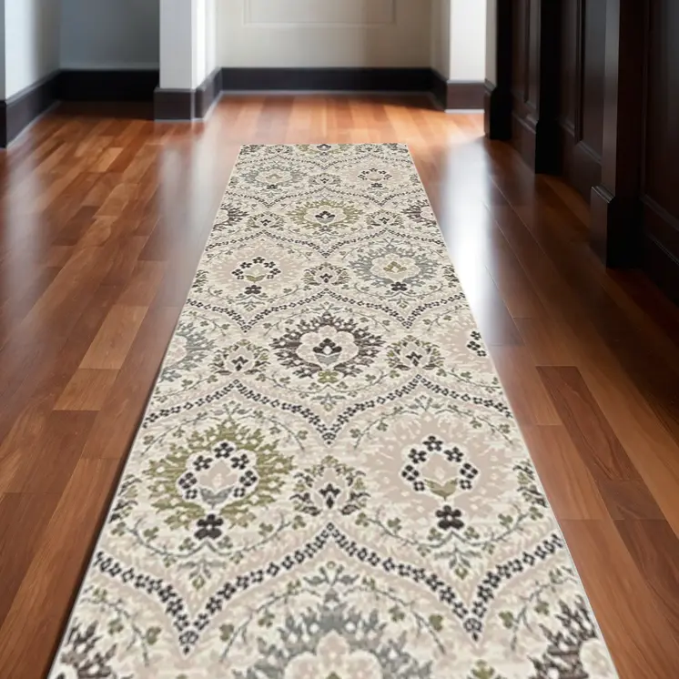 10' Black Ivory And Gray Floral Runner Rug