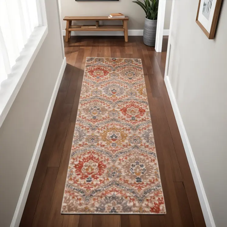 8' Ivory Orange And Gray Floral Stain Resistant Runner Rug