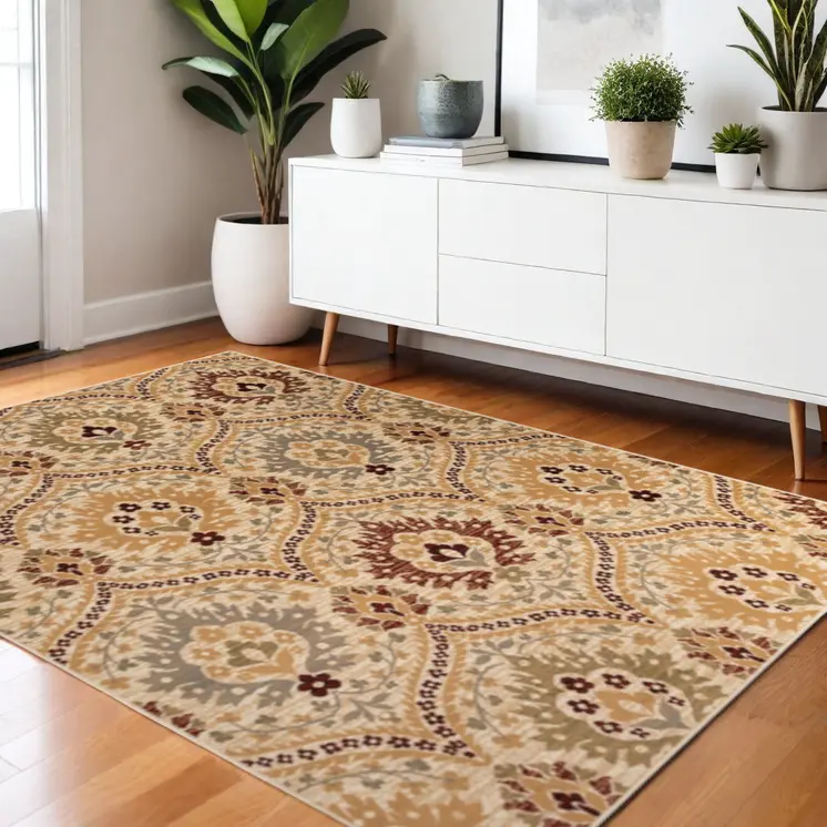 4' X 6' Camel Gray And Rust Floral Stain Resistant Area Rug