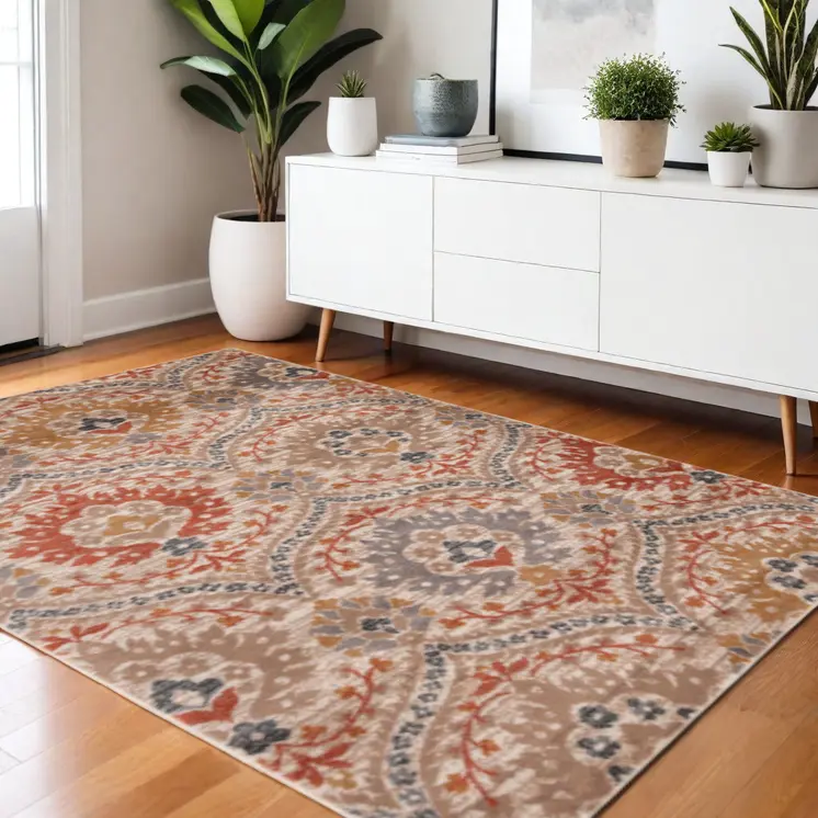 4' X 6' Ivory Orange And Gray Floral Stain Resistant Area Rug