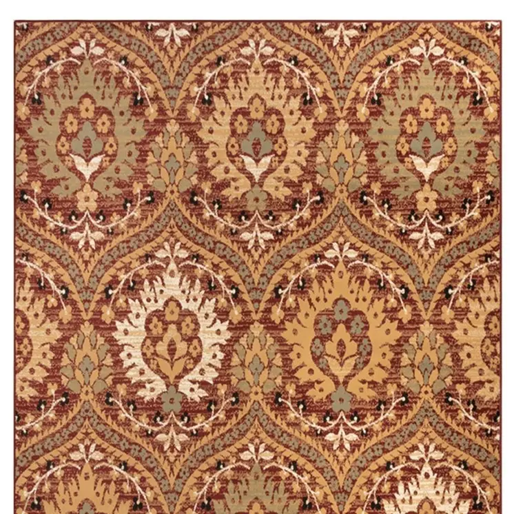 4' X 6' Red Gold And Olive Floral Stain Resistant Area Rug