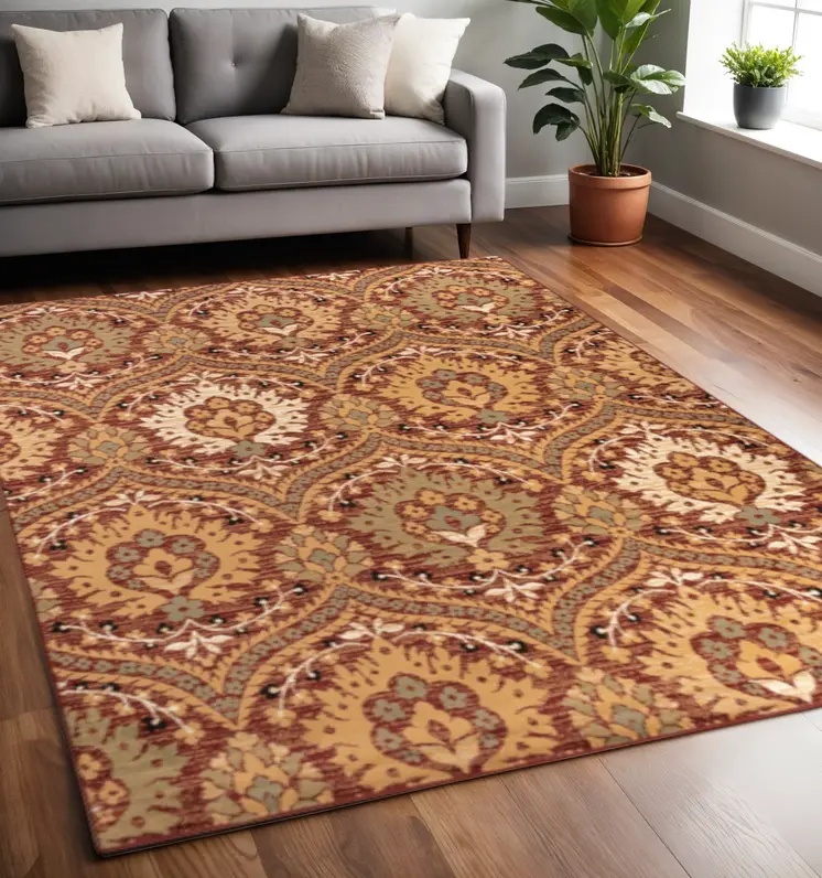 5' X 8' Red Olive And Gold Floral Stain Resistant Area Rug