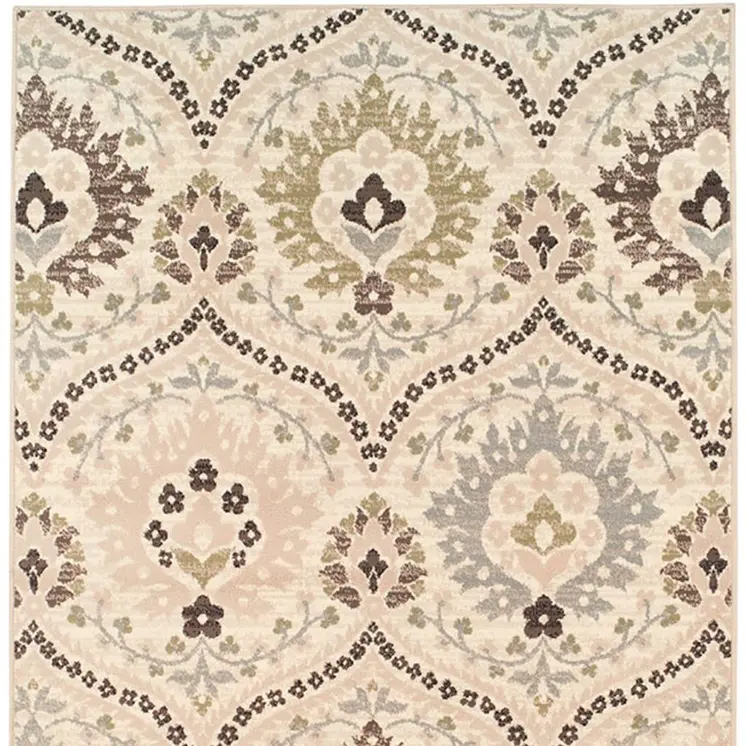 6' X 9' Ivory Gray And Olive Floral Stain Resistant Area Rug