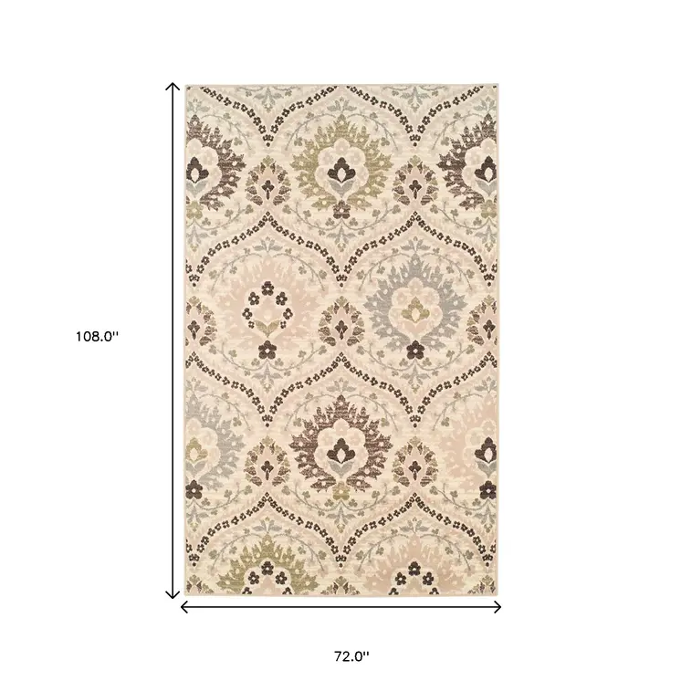 6' X 9' Ivory Gray And Olive Floral Stain Resistant Area Rug