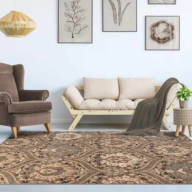 6' X 9' Ivory Beige And Light Blue Floral Stain Resistant Area Rug