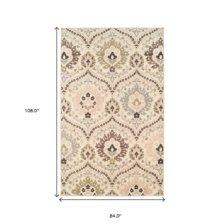 7' X 9' Ivory Gray And Olive Floral Stain Resistant Area Rug