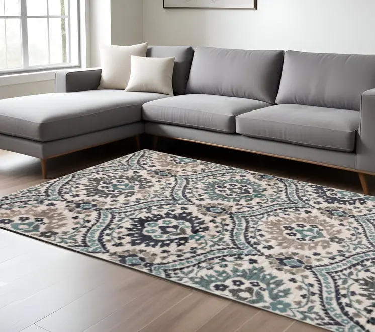 7' X 9' Ivory Blue And Gray Floral Stain Resistant Area Rug