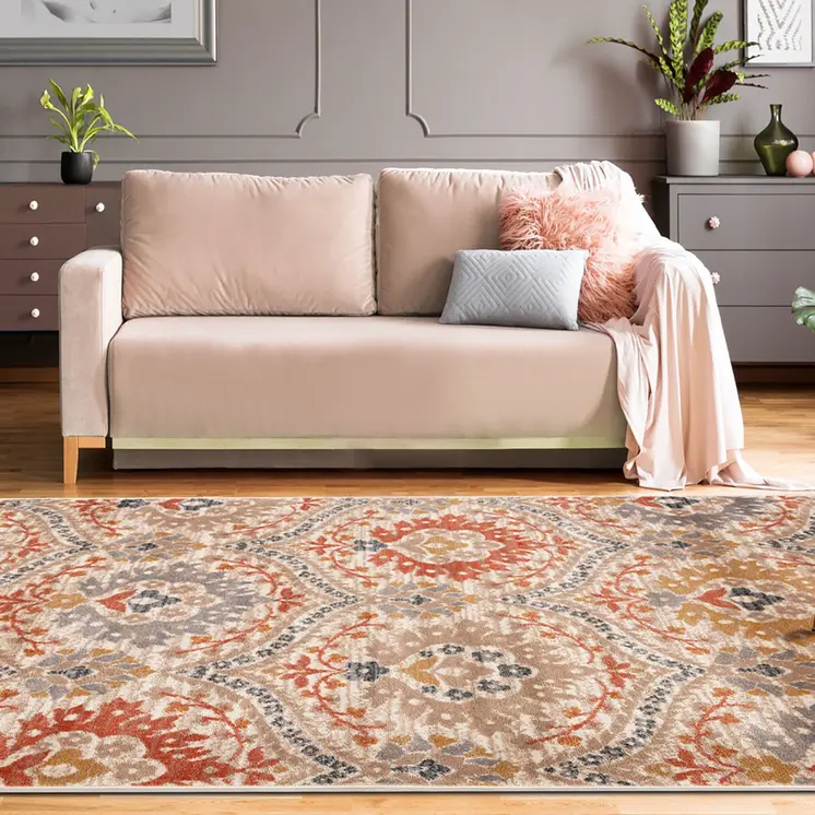 7' X 9' Ivory Orange And Gray Floral Stain Resistant Area Rug