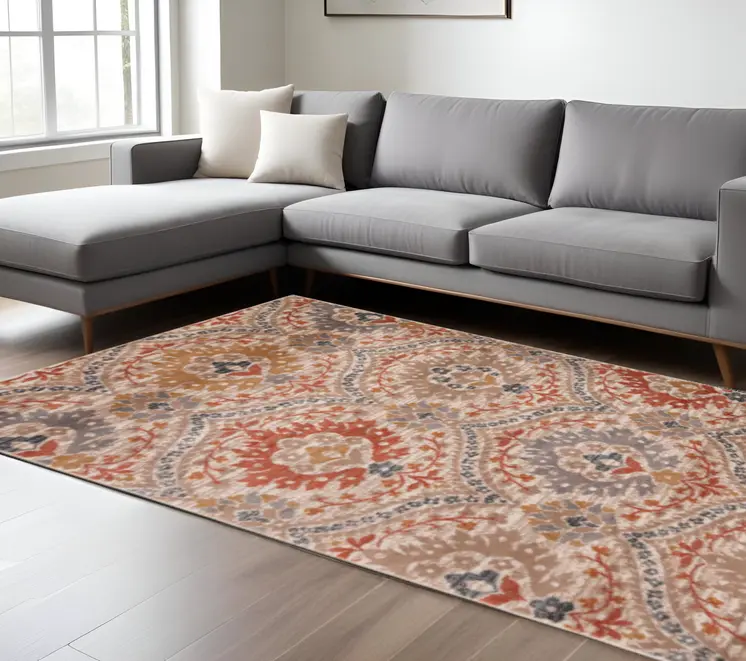 7' X 9' Ivory Orange And Gray Floral Stain Resistant Area Rug