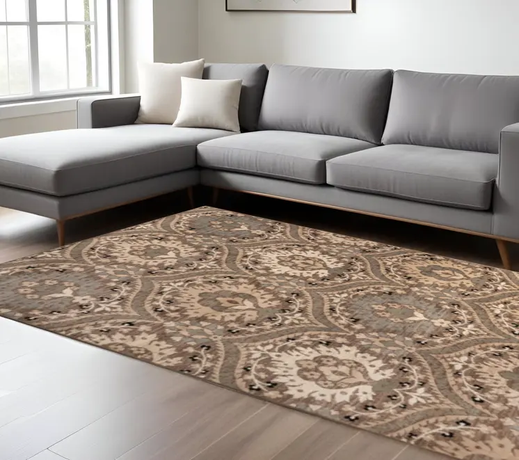 7' X 9' Ivory Beige And Light Blue Floral Stain Resistant Area Rug