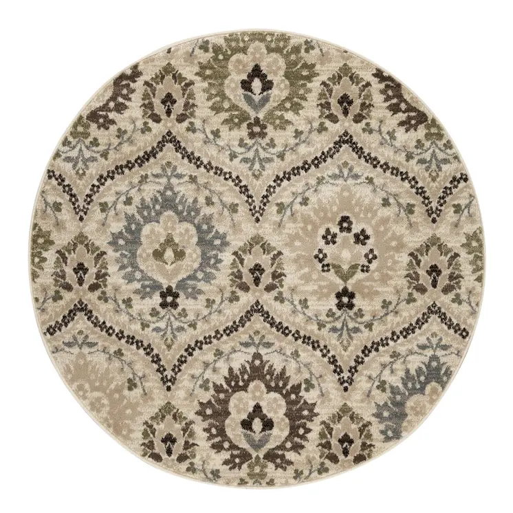 8' Gray And Ivory Floral Round Rug